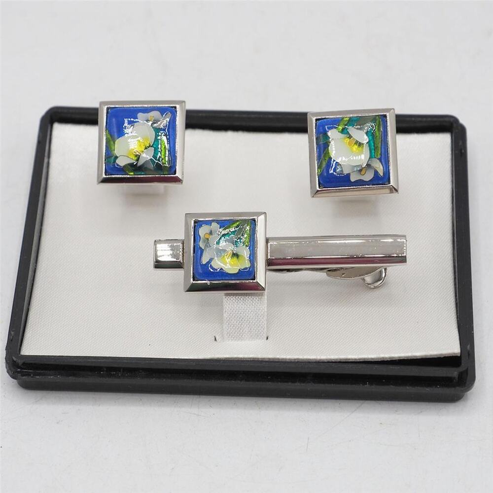 Vintage Lotus Cuff Links and Tie Clasp Set